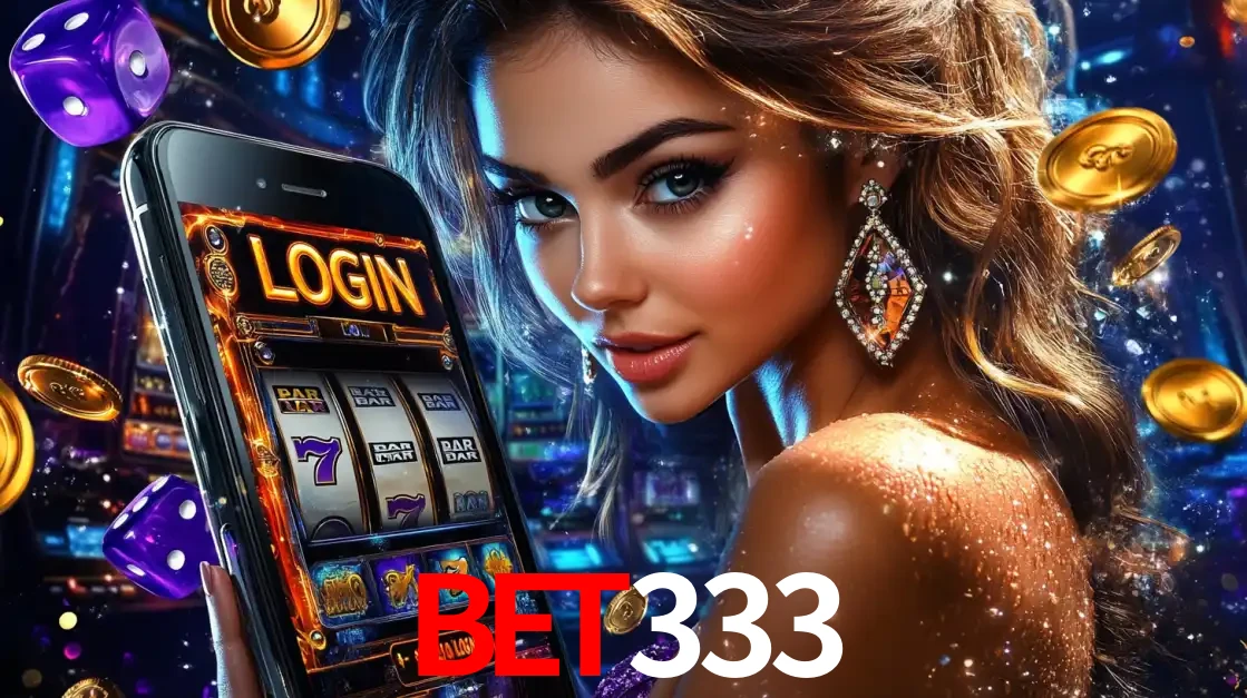Mulher glamorosa segurando um smartphone com a tela de login para os jogos de caça-níqueis do cassino online bet333, com moedas de ouro e dados ao redor.